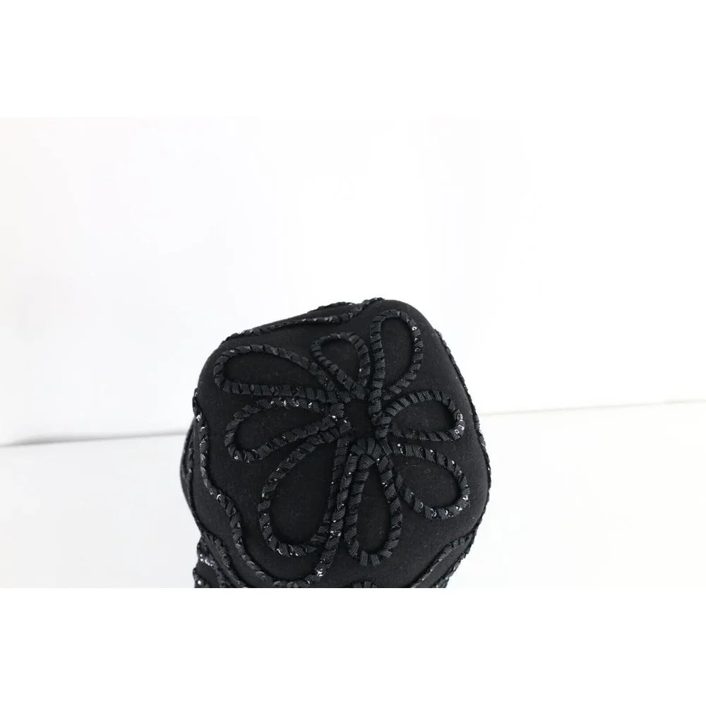 Vintage 50s Rockabilly Wool Felt Sequined Flower Bucket Hat Cap Black Womens USA - Picture 5 of 9